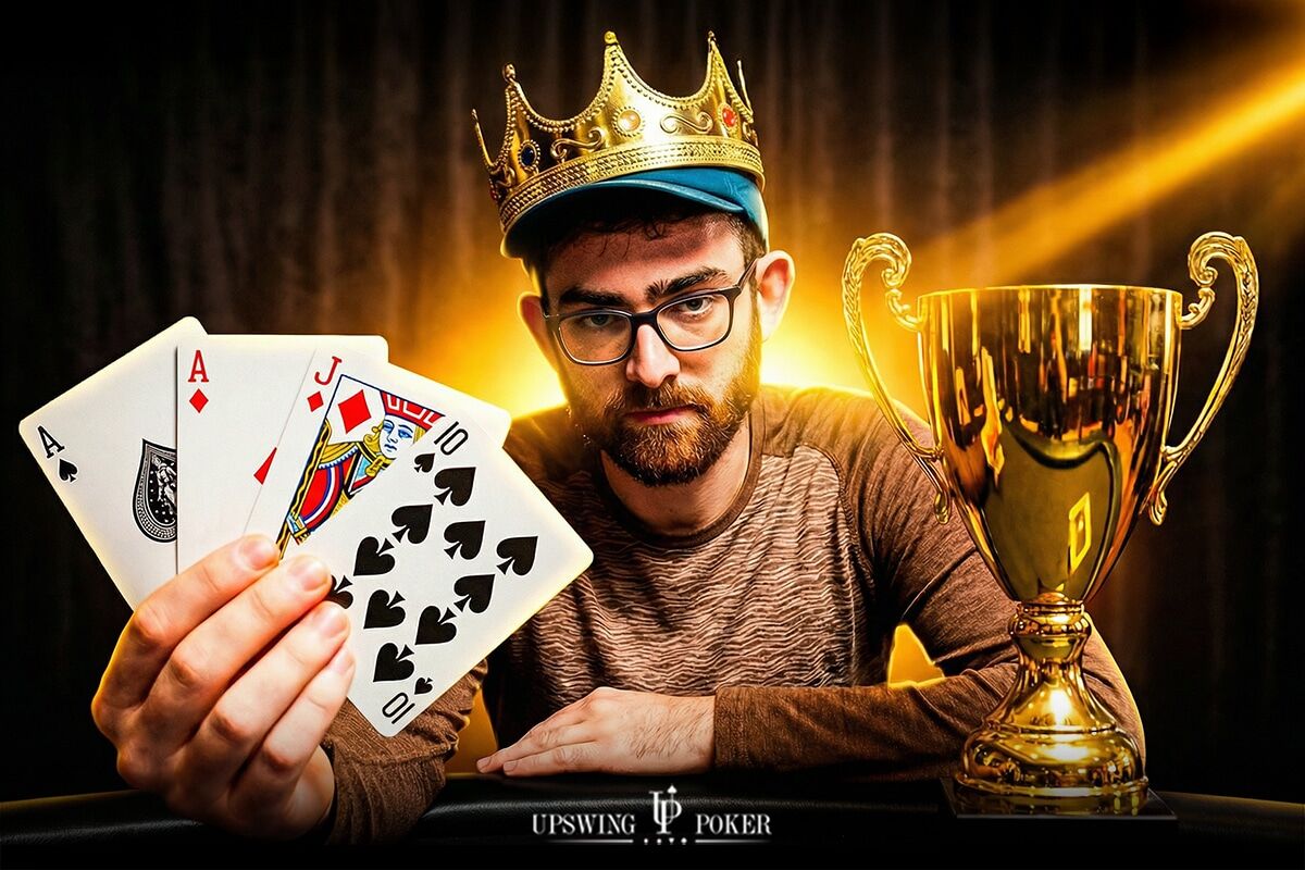 Dylan Weisman wearing crown with PLO tournament trophy and aajtds