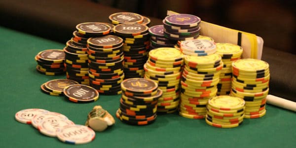 Poker tournament, chips on a poker table